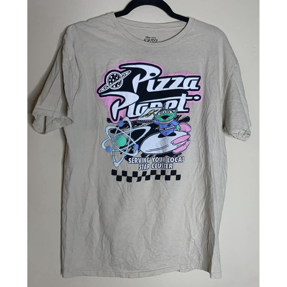 Disney Pixar Toy Story Pizza Planet Alien Neon Graphic Beige T-Shirt